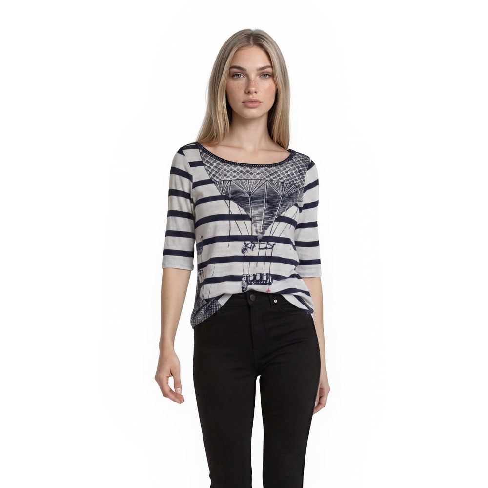 9 H15 S'CL Balloon Top Women's 100% Cotton Size Large White Navy Blue Striped